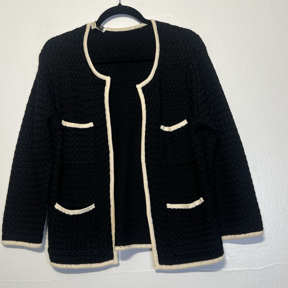 Trina Turk Merino Wool Cardigan Blazer Jacket M Black /ivory Textured crotchet